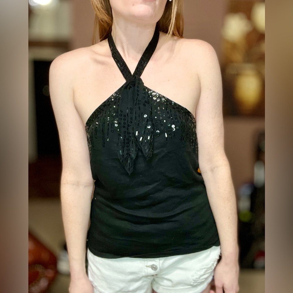 Magaschoni Black Sequin Halter Tank Top - Picture 3 of 9